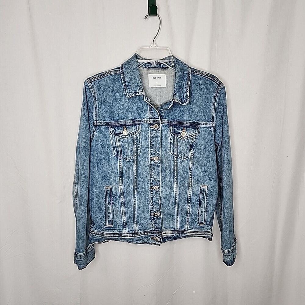 Women's Old Navy Large Blue Denim Trucker Jacket Cotton 1% Spandex Stretch - Picture 13 of 13